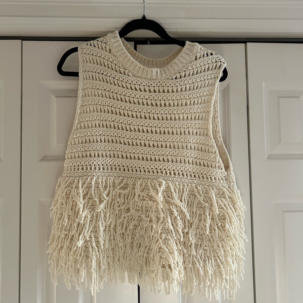 Zara Ivory Knit Vest with Fringe
